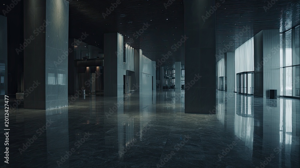 Fototapeta premium Contemporary corporate building lobby featuring sleek minimalist architecture, polished dark floors reflecting structural columns and bright windows, creating an elegant and empty space