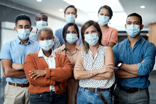 Bild auf Leinwand Business people, portrait and face mask with pandemic in office for about us, safety or regulations