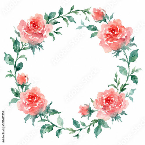 Watercolor Pink Rose Floral Wreath Round Frame Isolated on White Background