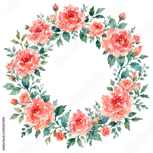 Watercolor Pink Rose Floral Wreath Round Frame Isolated on White Background
