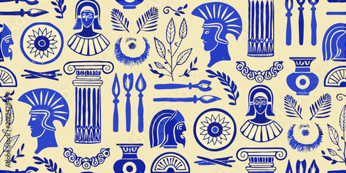 Tableau sur toile ancient greek pattern with helmets columns and ornaments