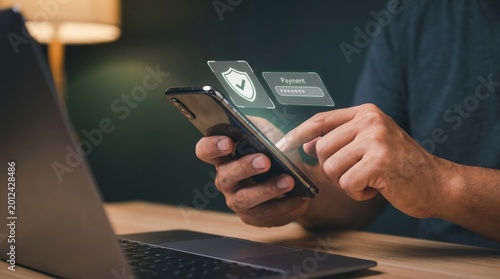 Photos Person using a smartphone to manage digital security with a virtual shield and p