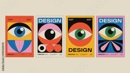 Four colorful poster designs featuring stylized eye illustrations and geometric shapes high quality professional detailed modern