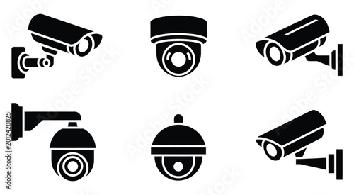Fotografie Security camera icon set, black CCTV surveillance vector symbols, 6 professional