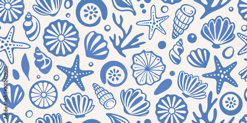 Canvastavla blue seashell and starfish seamless pattern on white background
