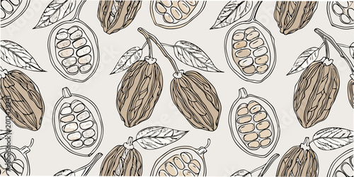 Foto Cocoa pod pattern botanical line art illustration with beige background