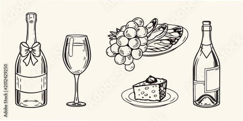 Sketch of champagne bottle flute cheese grapes and fruit