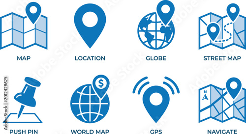 Cuadro en lienzo Collection of blue outline cartography icons including world globe map and gps location pins for mobile application