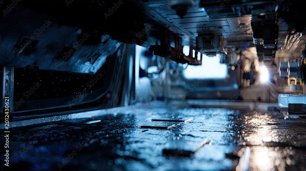 Fototapeta premium Interior view of a dimly lit, dripping wet, metallic corridor inside a futuristic spaceship or station, with a distant light source and a window revealing a star filled cosmos