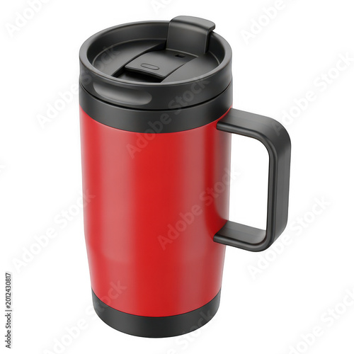 Red travel mug with black lid and handle