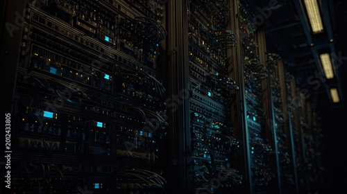 Server racks with many blinking lights and tangled cables creating a complex network. Symbolizing the modern digital infrastructure and essential processes of information technology and cloud storage