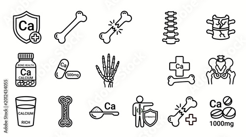 Comprehensive set of line icons illustrating bone health, calcium intake and human skeletal anatomy on white, illustrating osteoporosis prevention and nutritional guidance