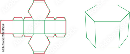Hexagonal gift box dieline template with 3D folding mockup for packaging design, product branding, and paper craft projects