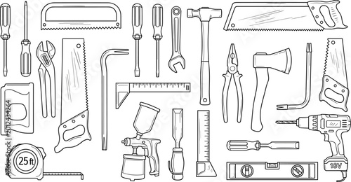 Tableau sur toile Hand Tools and Construction Equipment Vector Set Featuring Saws Screwdrivers Ham