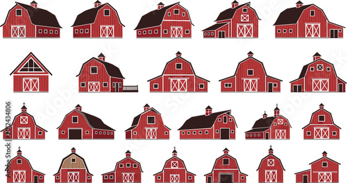 Foto Large Set of Traditional Red Farm Barn Vector Icons Featuring Diverse Agricultur