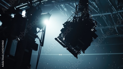 Professional film equipment hanging from a rigging, with a bright spotlight illuminating the dark studio space, creating a dramatic, high contrast scene ready for production