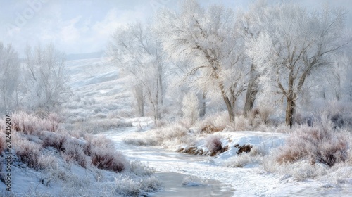 Winter landscape scene with frosted trees and snow covered nature elements