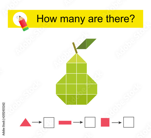 Math activity for kids. How many geometric shapes? Printable worksheet.