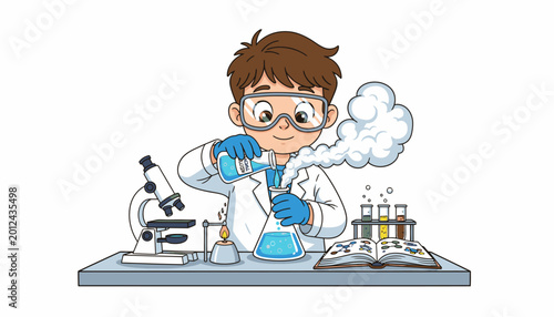 Billede på lærred Boy conducting chemistry experiment with flask and microscope