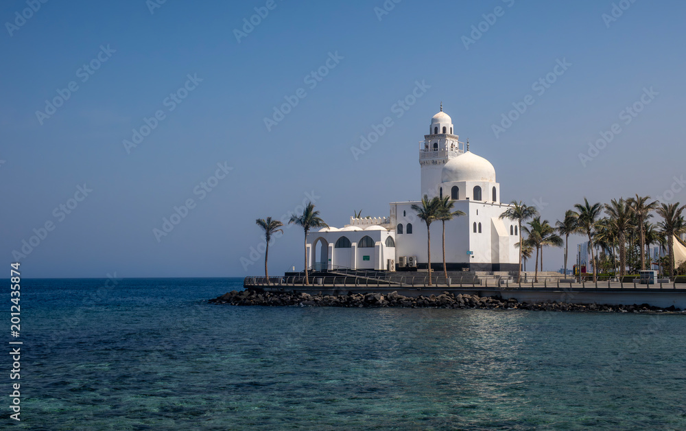 Fototapeta premium Al-Rahma Floating Mosque Rising Over the Red Sea Waters at Jeddah Corniche, Saudi Arabia