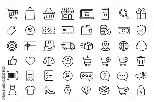 Shopping and E-commerce Line Icon Set with Cart, Products, Payment, and Retail Symbols