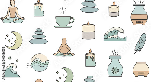 Meditation spiritual symbols icons.