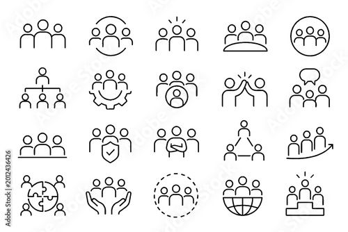 Collaboration and Team Line Icon Set with People, Networking, and Partnership Symbols