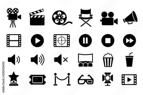 Media and Video Solid Icon Set with Film, Cinema, and Multimedia Symbols