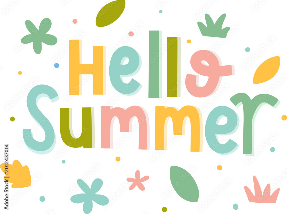 Naklejka premium hello summer text shadow pastel color flower leaf hand drawn doodle