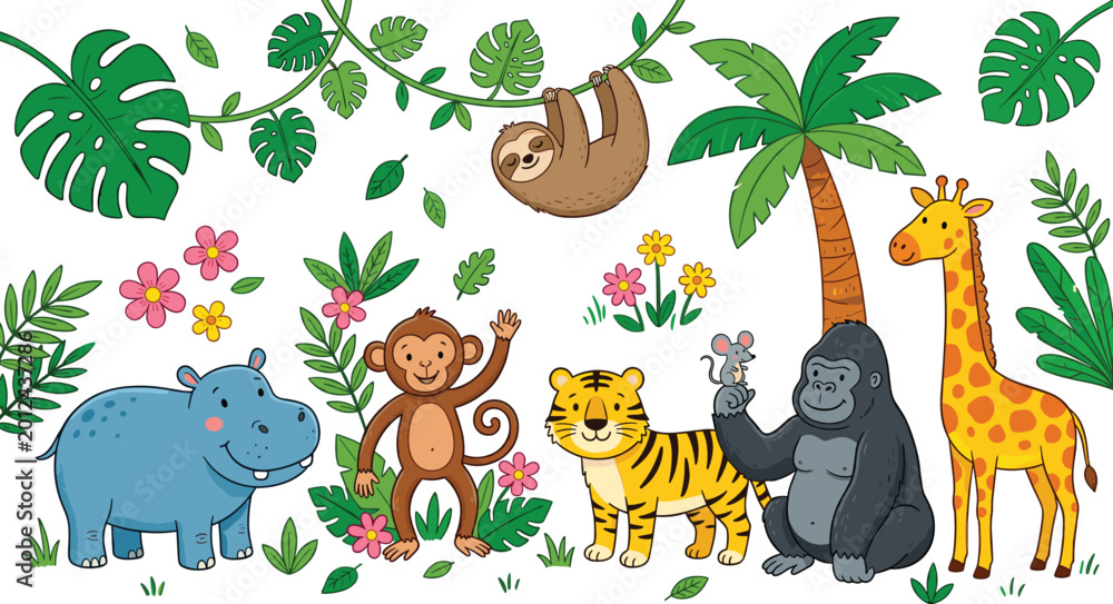 Obraz premium Cute Jungle Safari Animal Set with Giraffe, Tiger, Hippo, Monkey, Sloth, and Gorilla for Kids Birthday Invitations, Nursery Wall Art, Educational Posters, and Tropical Nature Projects.