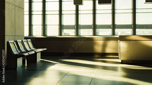 Airport lounge seating sits empty as strong morning sunlight streams through large windows, casting long shadows on the polished floor and evoking transit and quiet solitude