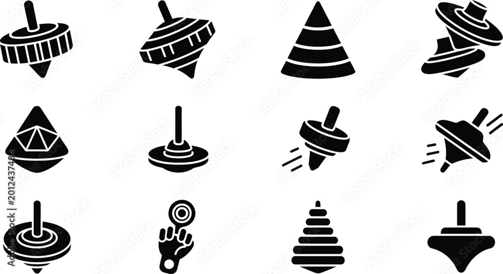 Naklejka premium Set of spinning top toys icons for childhood nostalgia and games