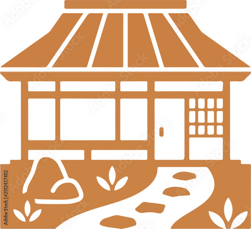 Fényképezés Orange Brown Silhouette Traditional Japanese House with Garden Path and Plants f