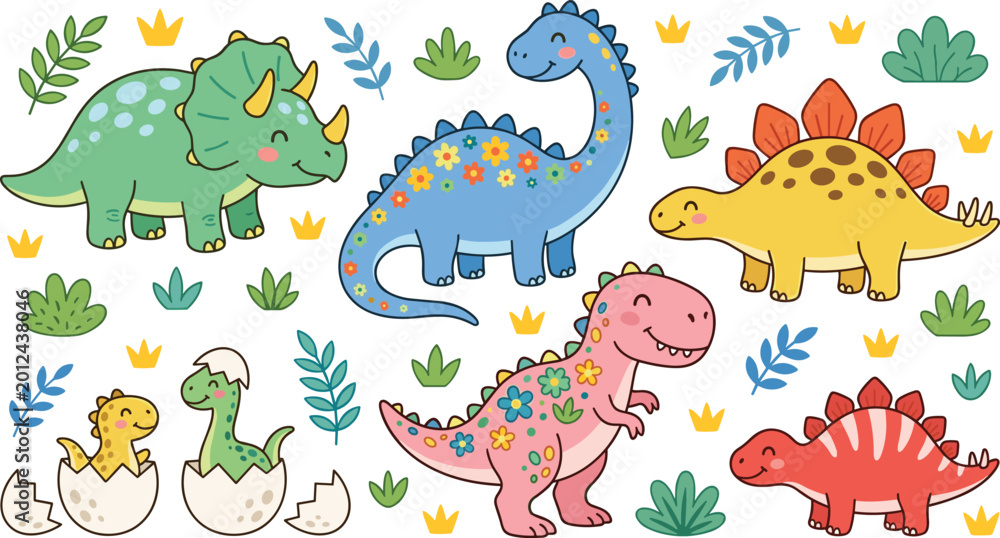 Fototapeta premium Adorable Floral Dinosaur Character Set with Triceratops, Stegosaurus, and T-Rex Hatchlings for Girls' Nursery Decor, Birthday Party Invitations, Kids' Apparel, and Prehistoric Themed Graphic Designs.
