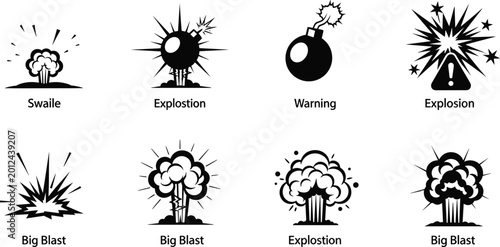 Canvas Print Explosion and blast effect icons set with smoke clouds warning signs and various bursting sparks for comic design