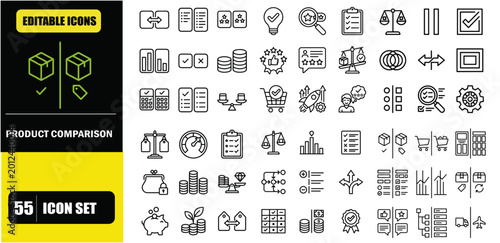 Product Comparison Line Editable Icons Set – Feature Analysis, Side by Side Evaluation, Pricing Comparison, Product Reviews, Specification Matching and Smart Buying Decision Symbols in Modern Thin Lin
