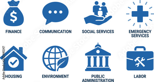 Tableau sur toile Financial and public administration icons set covering housing environment social services and labor force management