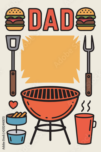 Fathers day barbecue greeting card template with grill illustration