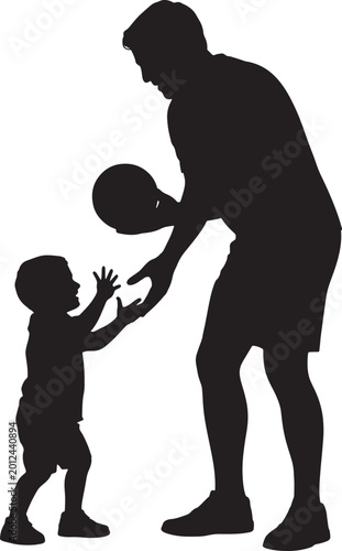 Father playing ball with toddler silhouette isolated vector illustration