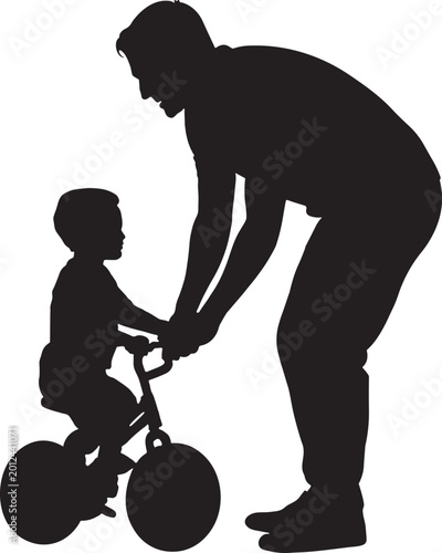 Father teaching child to ride bicycle silhouette isolated vector illustration