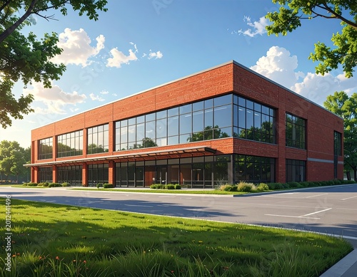 Modern brick office building with large glass windows, lush green lawn, trees