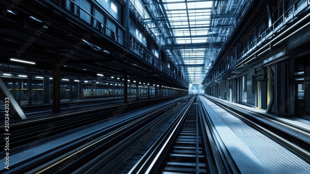 Obraz premium Modern infrastructure features multiple railway tracks converging into a contemporary transportation hub with linear architecture, emphasizing efficiency and urban connectivity