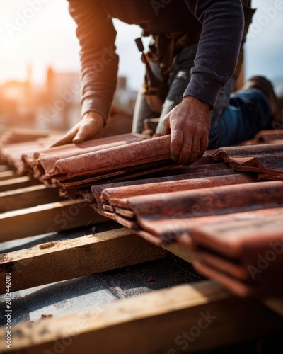 a roofing workers hands installing red clay roof tiles
