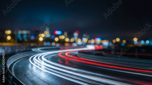 Abstract light trails on a wet road at night with city bokeh in the background