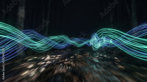 Abstract luminous energy waves pulsate through a mystical dark forest environment, creating a vibrant and enchanting light display