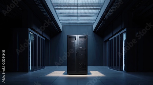 Server rack standing alone with illuminated servers and other racks visible in the background, symbolizing central data storage, networked computing, and information infrastructure