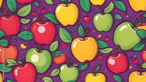 A colorful seamless pattern featuring stylized red, green, and yellow apples with green leaves on a purple background.