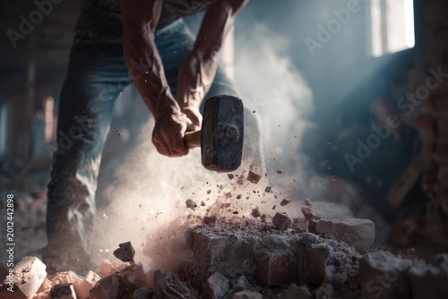 A person in jeans and a t-shirt uses a sledgehammer to break apart a brick wall, creating dust and debris. The scene is set indoors with visible smoke or dust in the air.