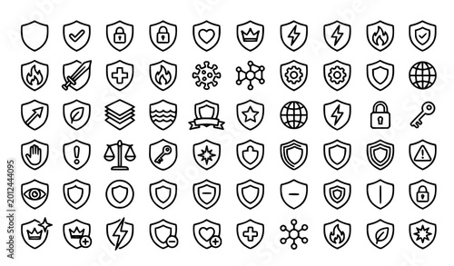 Modern shield and protection thin line icon set – 42 editable vector outline icons for UI and security
