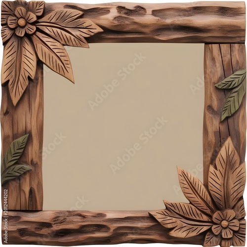 Rustic Wood Carved Wedding Border with Natural Floral Country Style Elements